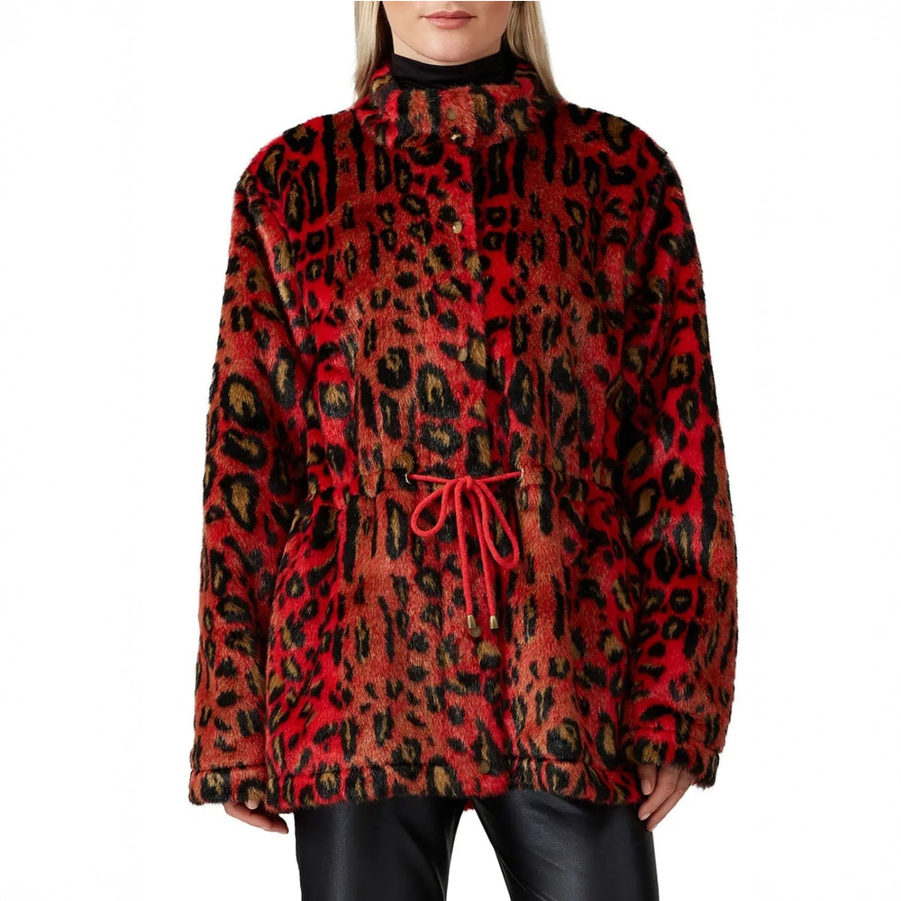 Nicole Miller Red Leopard Faux Fur Anorak Jacket Zip Drawstring Waist - Size P